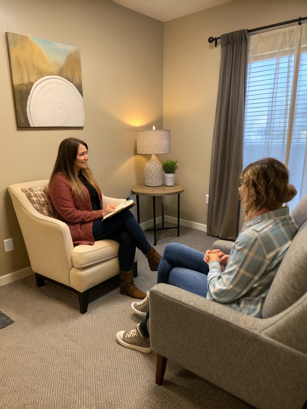 Professional clinical therapy session emphasizing structured recovery and documentation